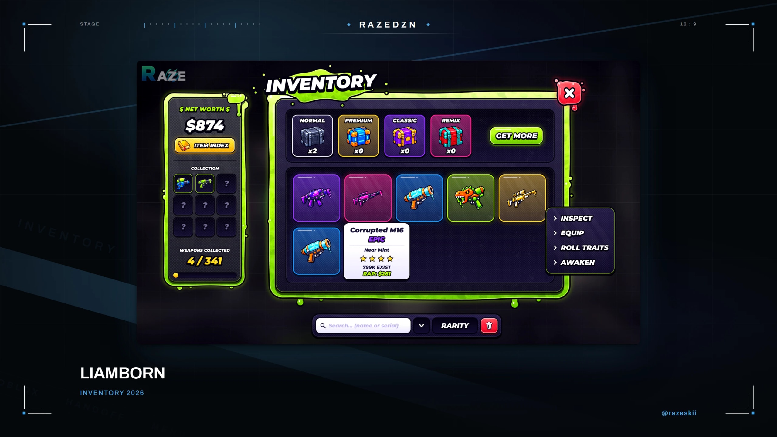 LiamBorn, Inventory
